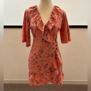 Topshop Mini Wrap Dress Size 4 US Pink Floral Lightweight Ruffles V-Neck Short